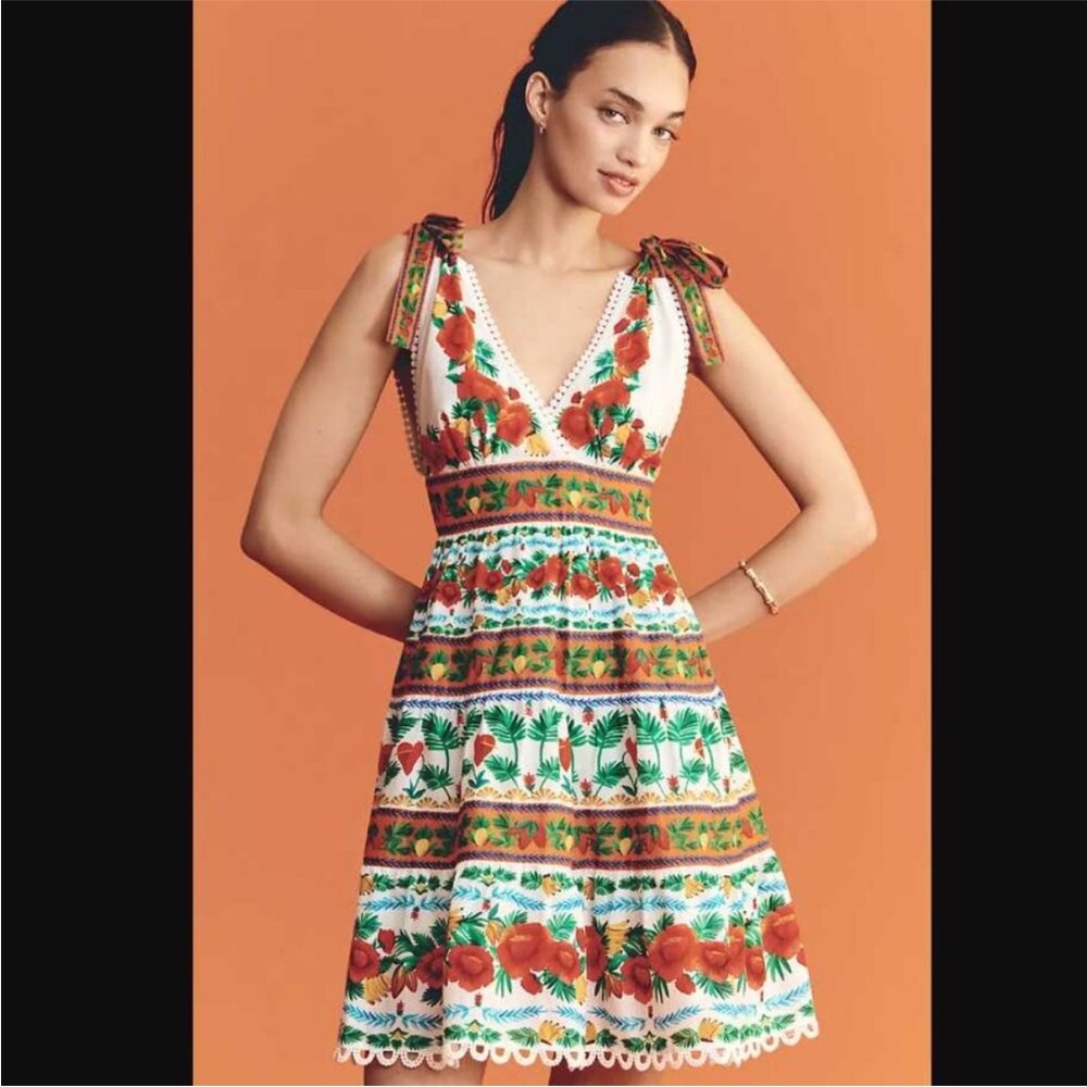 New Farm Rio x Anthropologie v-neck tiered mini Tropical Foliage Anika dress